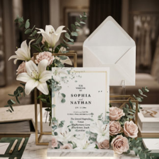 Elegant White Lily & Eucalyptus Floral Wedding  Invitation