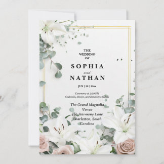 Elegant White Lily & Eucalyptus Floral Wedding  Invitation