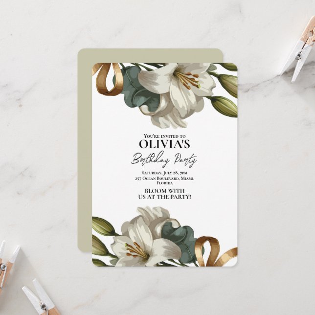 Elegant white lily floral birthday invitation (Front/Back In Situ)