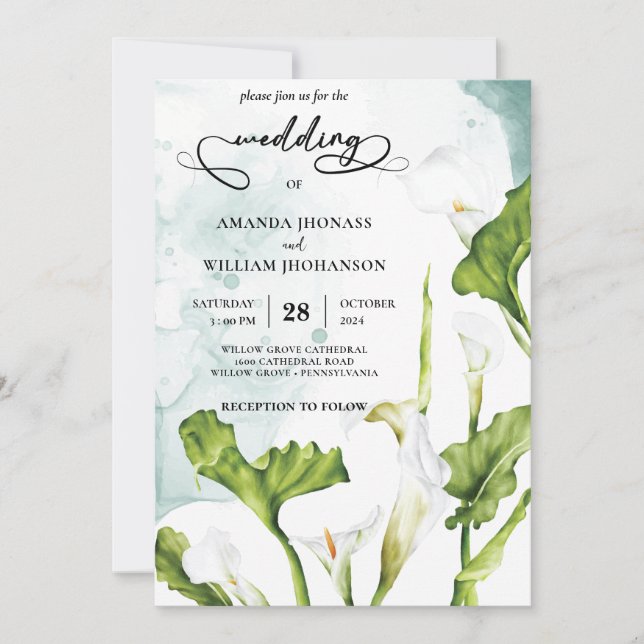 Elegant white lily flower watercolor invitation (Front)
