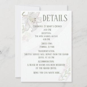 Elegant White Lily Wedding Details Card Botanical