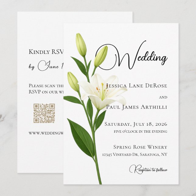 Elegant White Lily Wedding Invitation (Front/Back)