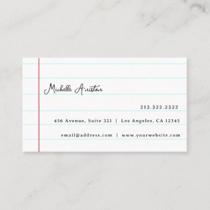 Elegant White Lined Notebook Paper Personalised Business Card