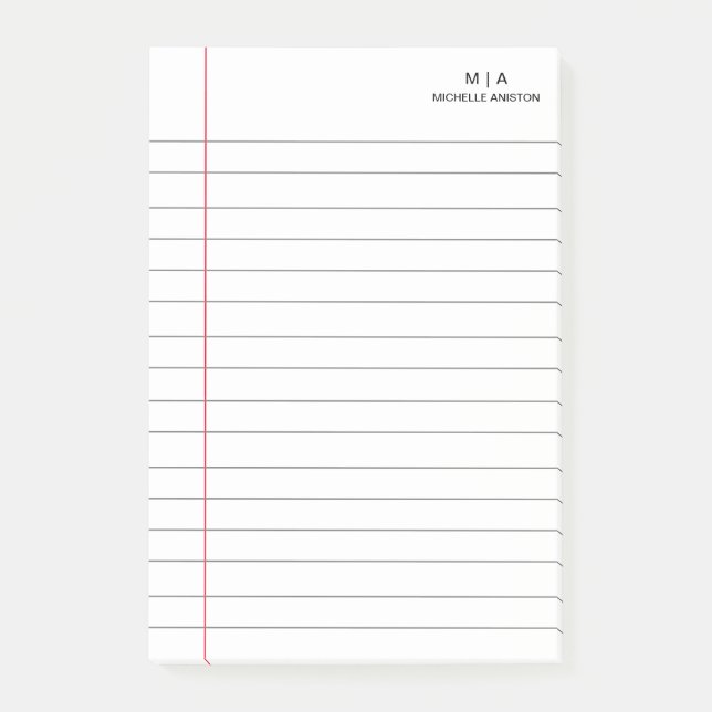 Elegant White Lined School Notebook Paper Monogram Post-it Notes (Front)