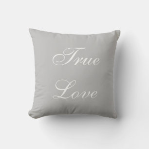 Elegant White Love Calligraphy on Silver Grey Cushion