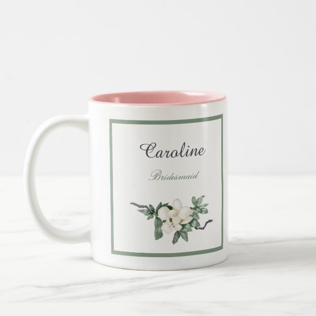 Elegant White Magnolia Blossom Bridesmaid Two-Tone Coffee Mug (Left)