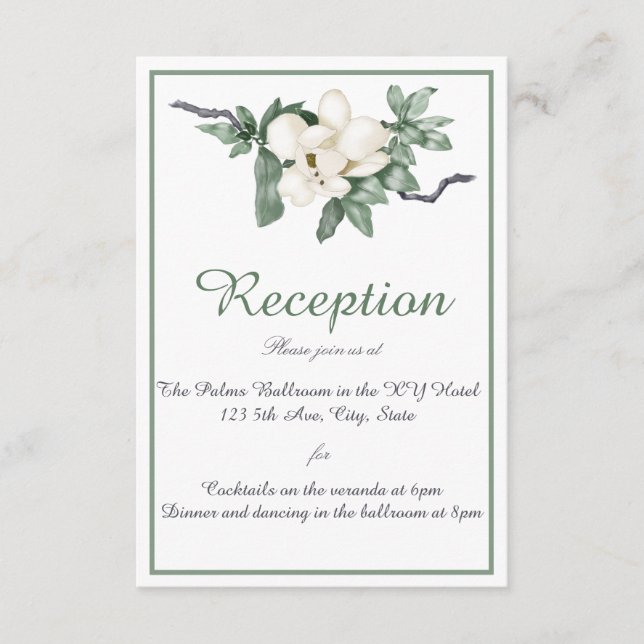 Elegant White Magnolia Blossom Reception Enclosure Card (Front)
