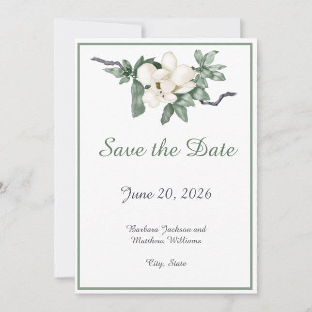 Elegant White Magnolia Blossom Save The Date (Front)