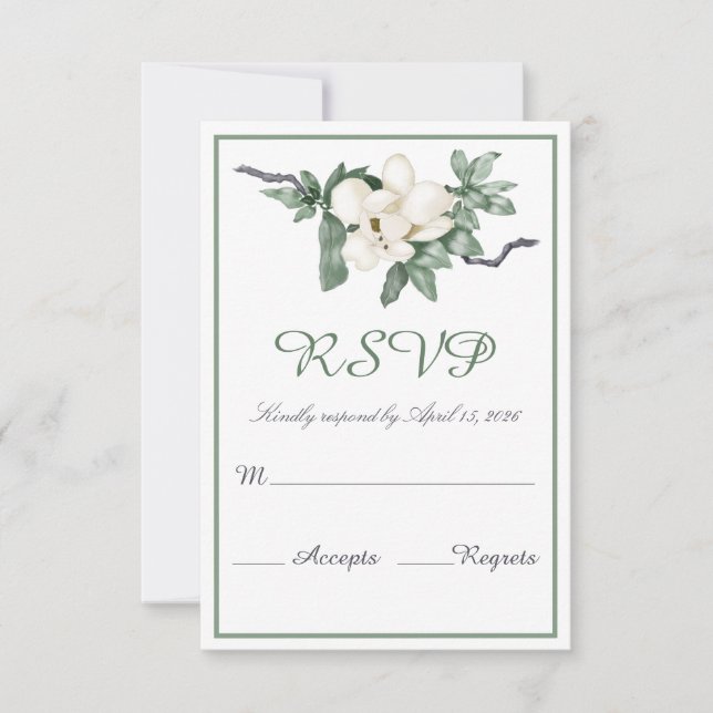 Elegant White Magnolia Blossom Wedding RSVP Card (Front)