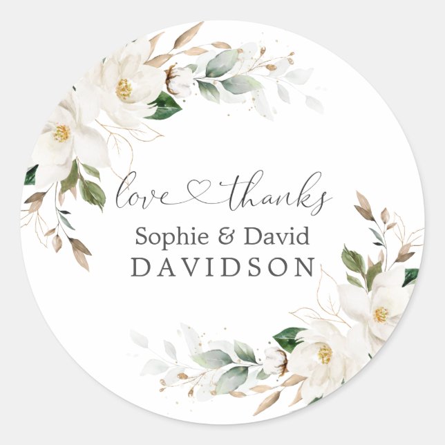 Elegant White Magnolia Floral Gold Wedding  Classic Round Sticker (Front)