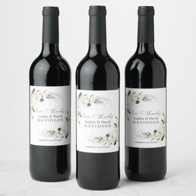 Elegant White Magnolia Floral Gold Wedding   Wine Label (Bottles)