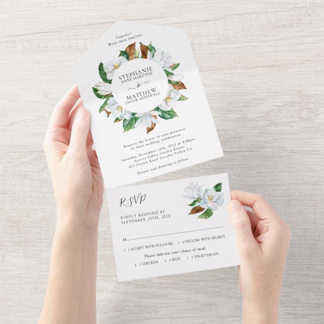 Elegant White Magnolia Floral Wedding All In One Invitation (Tearaway)
