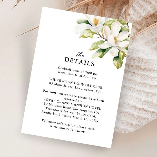 Elegant White Magnolia Floral Wedding Details  Enclosure Card (Creator Uploaded)