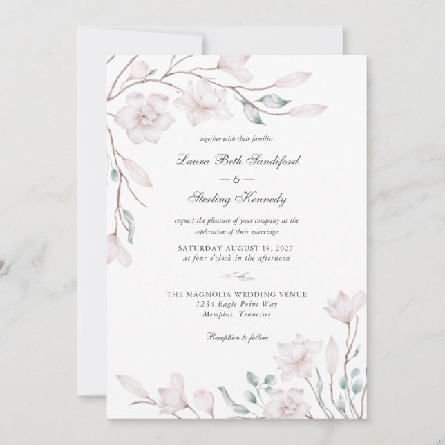 Elegant White Magnolia Floral Wedding Invitation (Front)