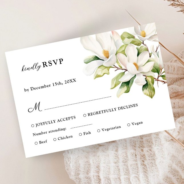 Elegant White Magnolia Floral Wedding RSVP Card (Creator Uploaded)