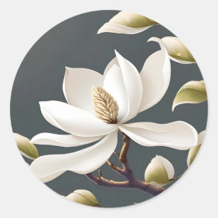 Elegant White Magnolia Flower Classic Round Sticker