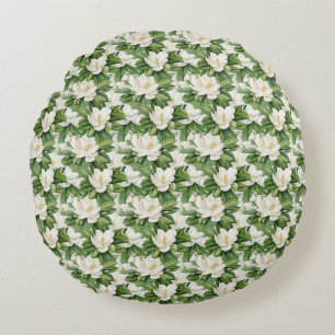 Elegant White Magnolia Flower Seamless Round Cushion