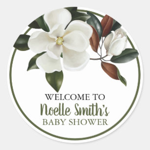 Elegant White Magnolia Flowers, Baby Shower Classic Round Sticker