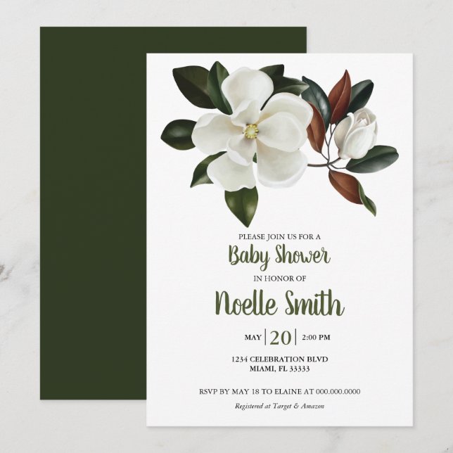 Elegant White Magnolia Flowers, Baby Shower Invitation (Front/Back)