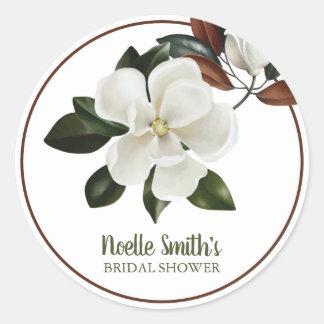 Elegant White Magnolia Flowers, Bridal Shower Classic Round Sticker