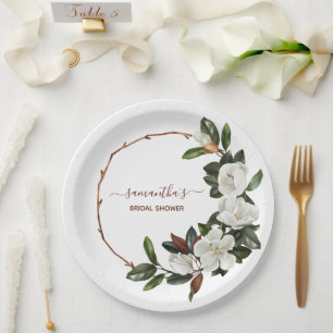 Elegant White Magnolia Flowers, Bridal Shower Paper Plate