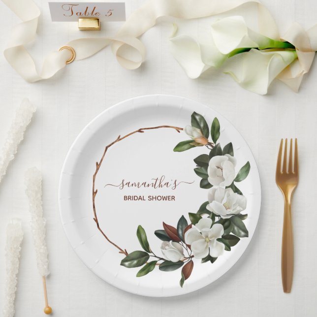 Elegant White Magnolia Flowers, Bridal Shower Paper Plate (Wedding)