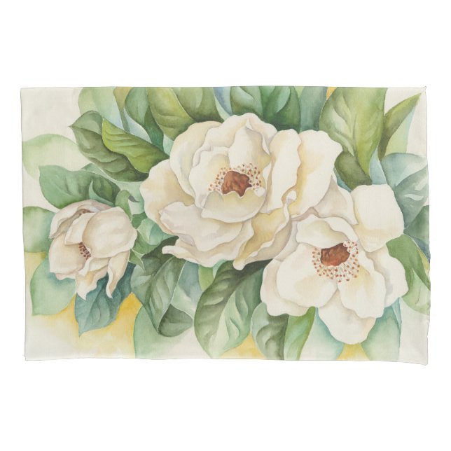 Elegant White Magnolia Flowers Floral Watercolor Pillowcase (Front)