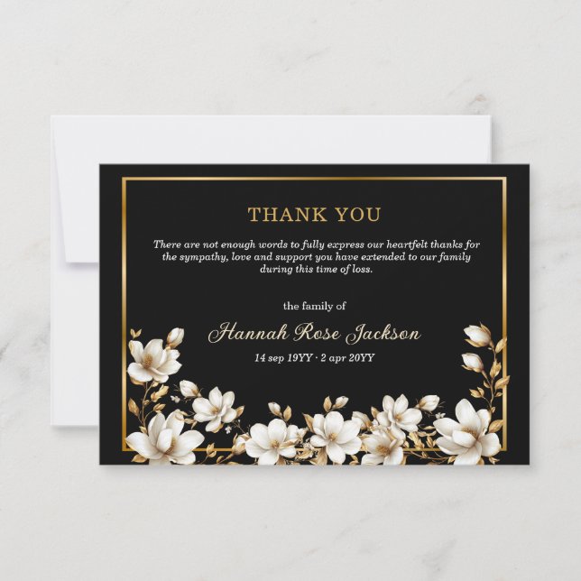 Elegant White Magnolia Gold Black Sympathy Funeral Thank You Card (Front)