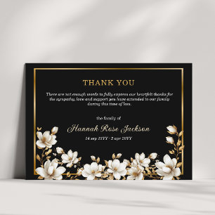 Elegant White Magnolia Gold Black Sympathy Funeral Thank You Card