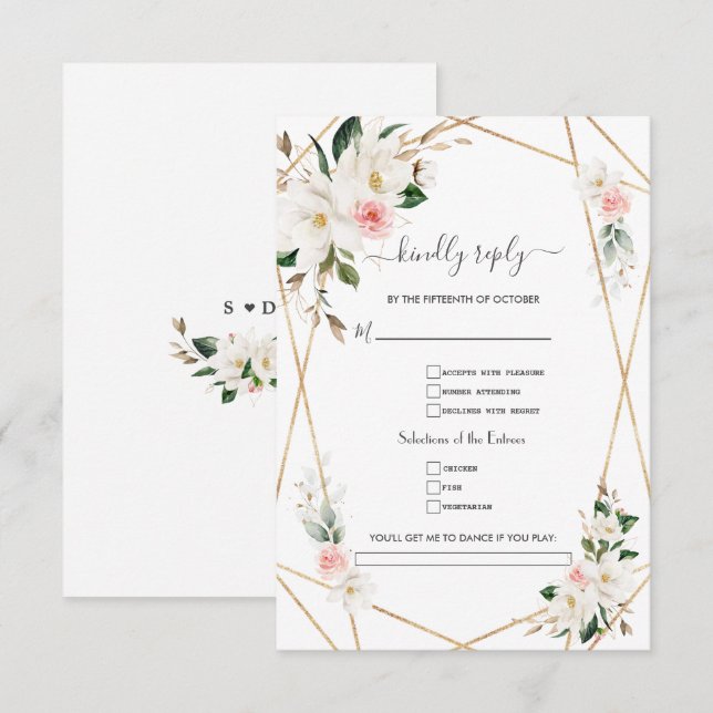 Elegant White Magnolia Gold Song Request Wedding  RSVP Card (Front/Back)