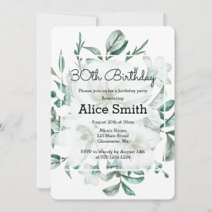 Elegant White Magnolia Greenery 30th Birthday Invitation
