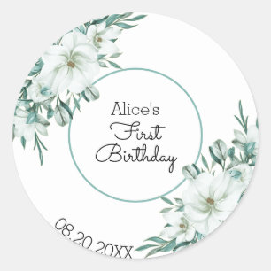 Elegant White Magnolia Greenery Flora 1st Birthday Classic Round Sticker