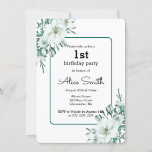 Elegant White Magnolia Greenery Flora 1st Birthday Invitation