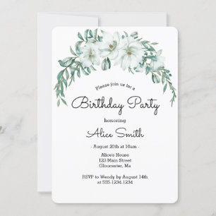 Elegant White Magnolia Greenery Flora Birthday  Invitation