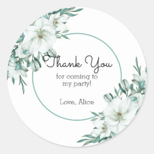 Elegant White Magnolia Greenery Flora Thank You Classic Round Sticker