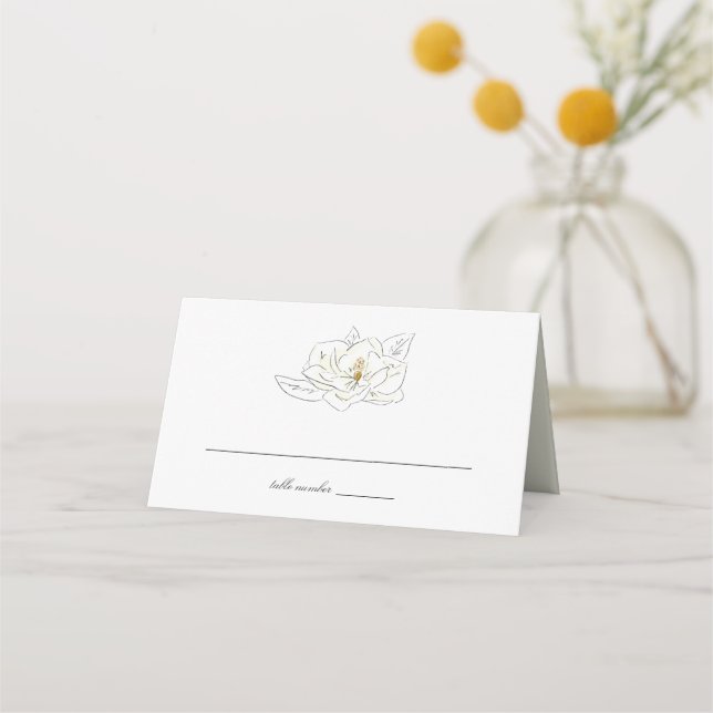 Elegant White Magnolia Illustration Wedding Place Card (Front)