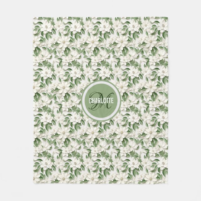 Elegant white magnolia monogram name fleece blanket (Front)