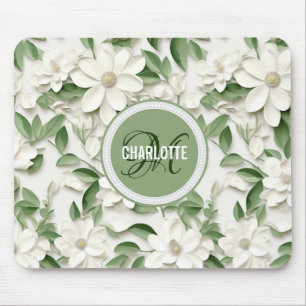 Elegant white magnolia monogrammed name mouse mat
