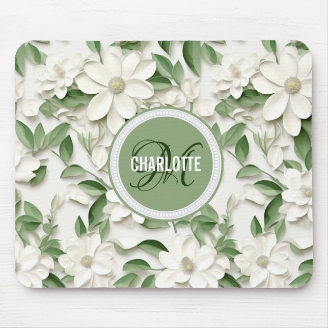 Elegant white magnolia monogrammed name mouse mat (Front)