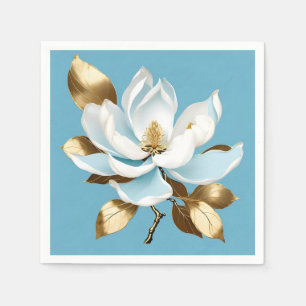 Elegant White Magnolia on Light Blue Napkin
