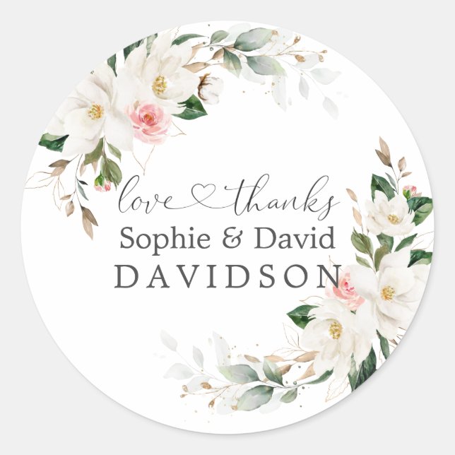 Elegant White Magnolia Pink Floral Wedding   Classic Round Sticker (Front)
