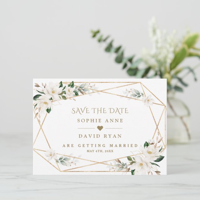 Elegant White Magnolia Rose Gold Wedding Save The Date (Standing Front)