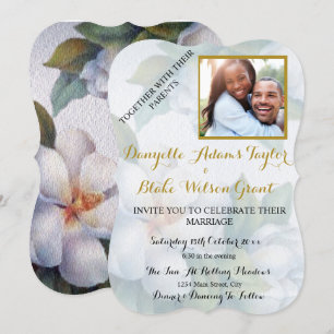 Elegant White Magnolia Watercolor Photo Wedding Invitation