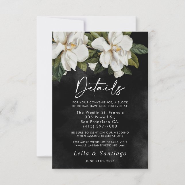 Elegant White Magnolia Wedding Details Card (Front)