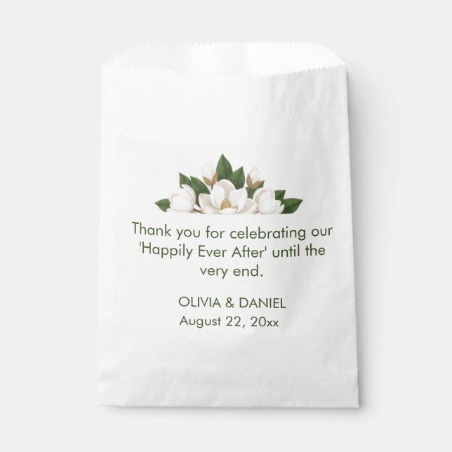 Elegant White Magnolia Wedding Favour Bags (Front)