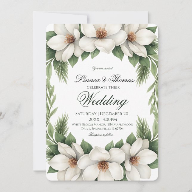 Elegant White Magnolia Wedding Pine Tree Frame Invitation (Front)