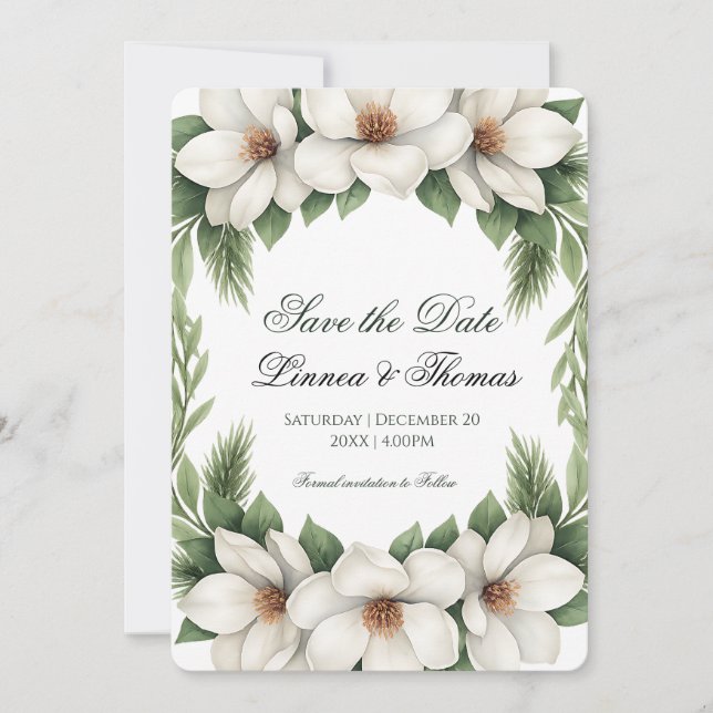 Elegant White Magnolia Wedding Pine Tree Frame Save The Date (Front)