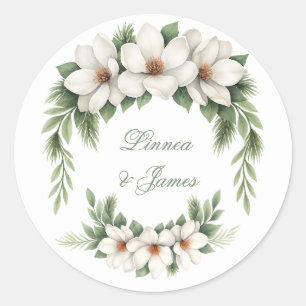 Elegant White Magnolia Winter Wedding Pine Tree  Classic Round Sticker