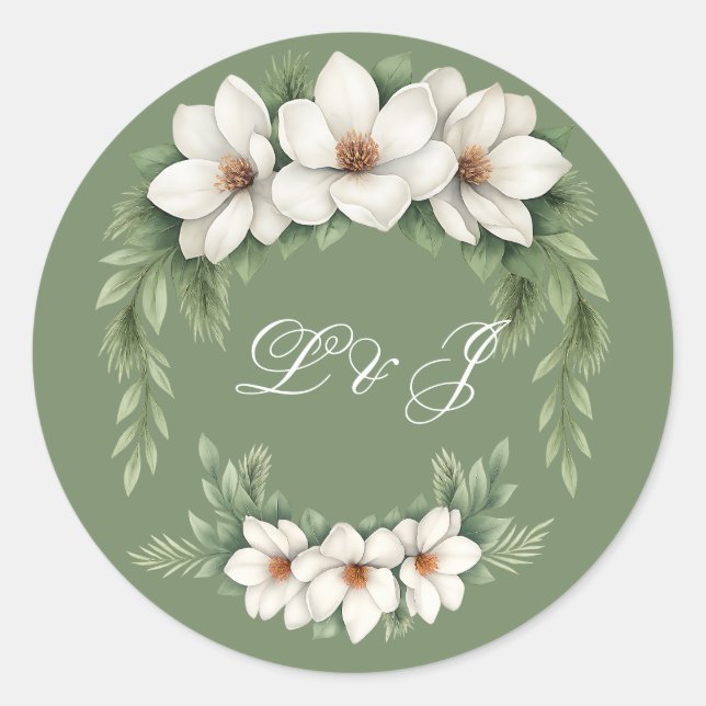Elegant White Magnolia Winter Wedding Pine Tree  Classic Round Sticker (Front)