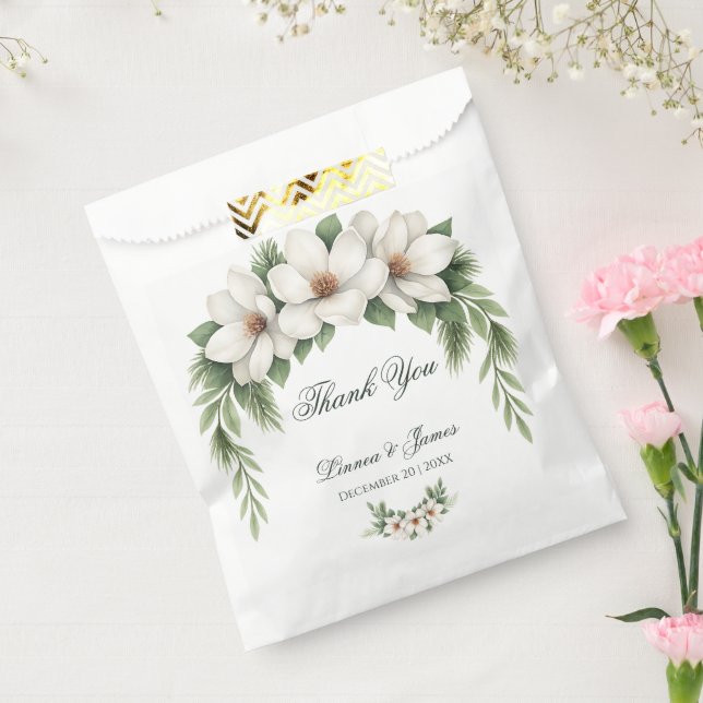 Elegant White Magnolia Winter Wedding Pine Tree  Favour Bags (Sealed)